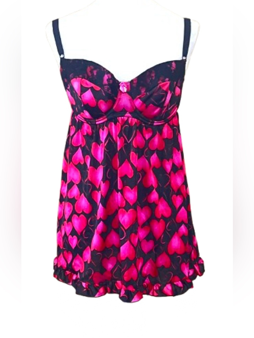 smart & sexy 38C Black Babydoll Sleepwear Dress Hot Pink Heart Print